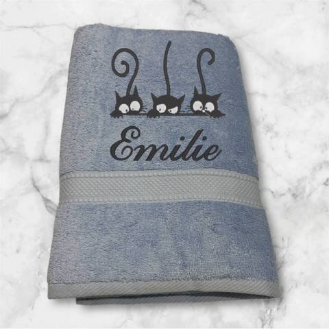 Serviette de toilette bleu clair motif chat 